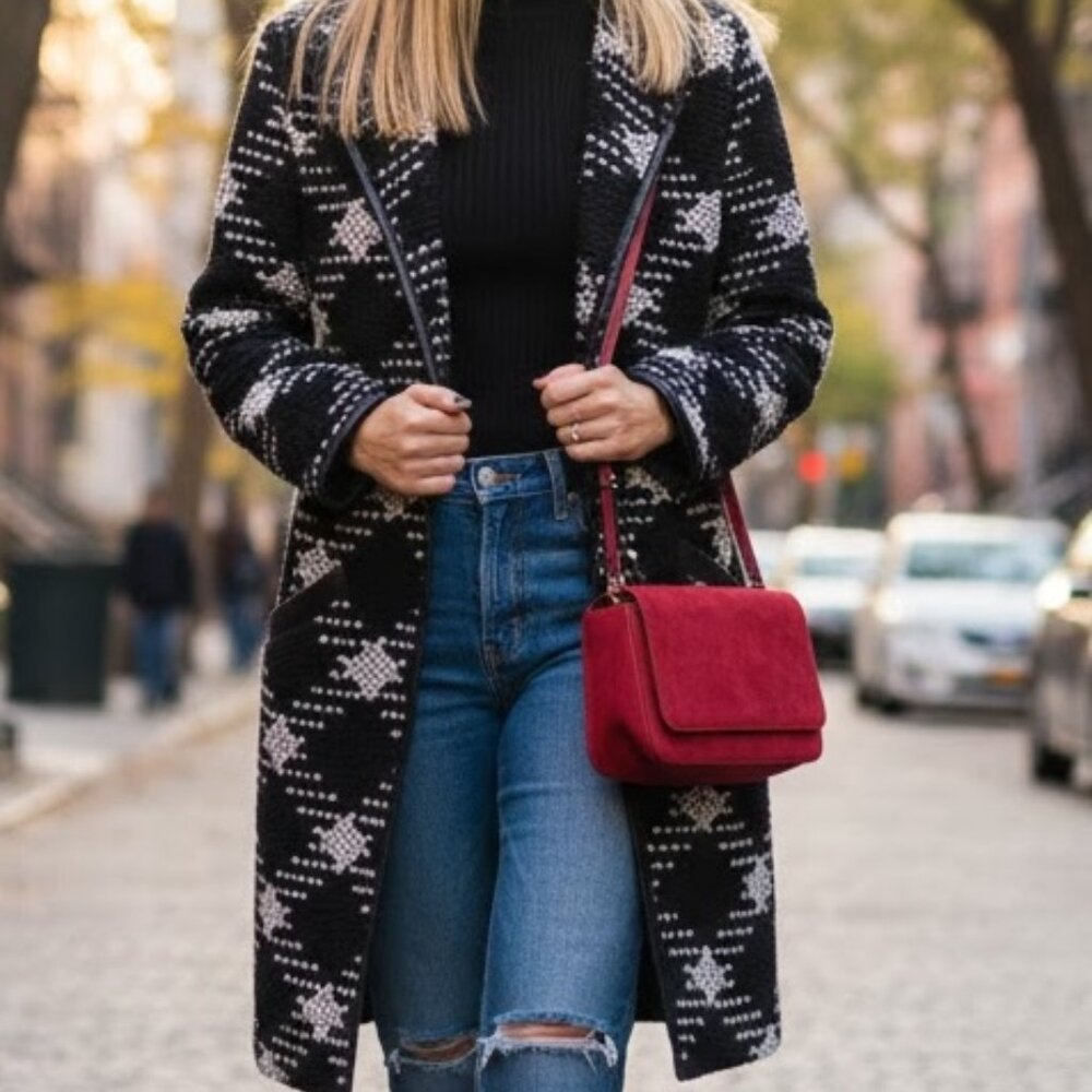 Waverly Gray sweater coat black and white plaid design